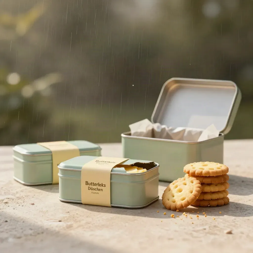 Offene Butterkeksdose mit zwei Dosen, Geschenkbox und Keksstapel auf Stein im feinen Regennebel.
